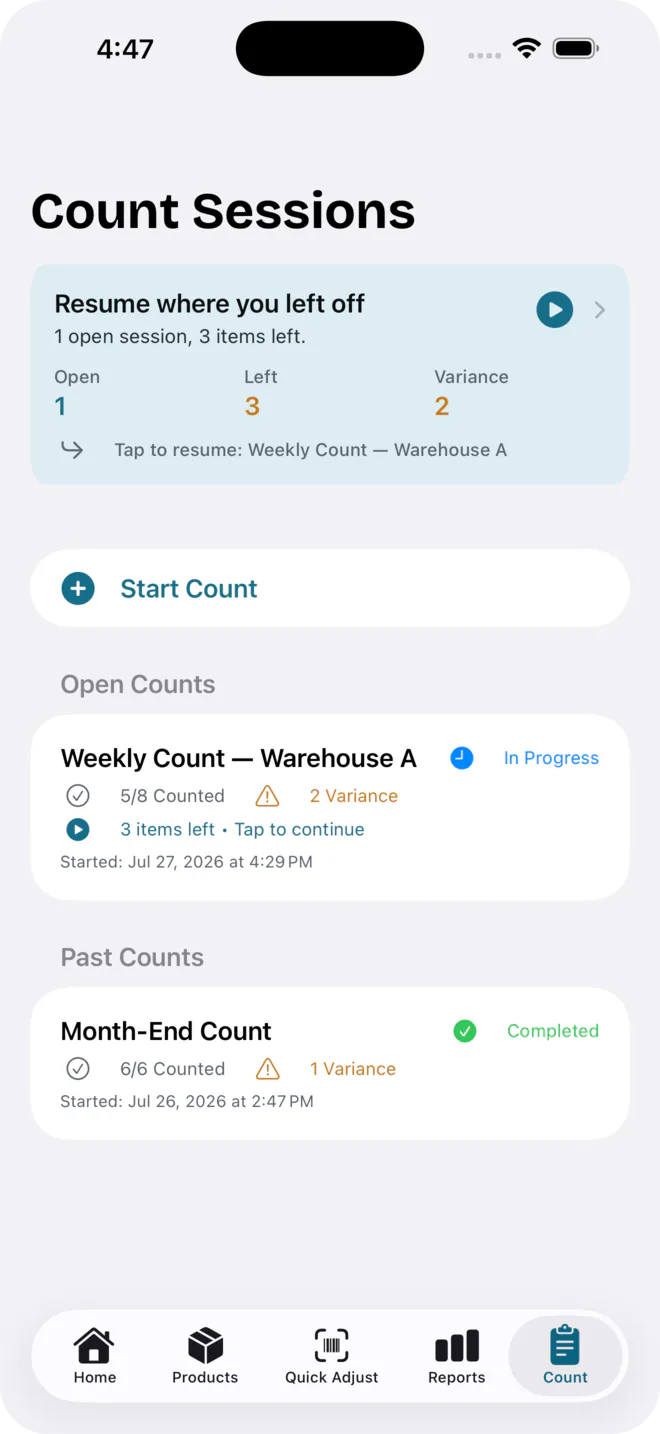 Magpie count sessions screen showing an in-progress count you can resume