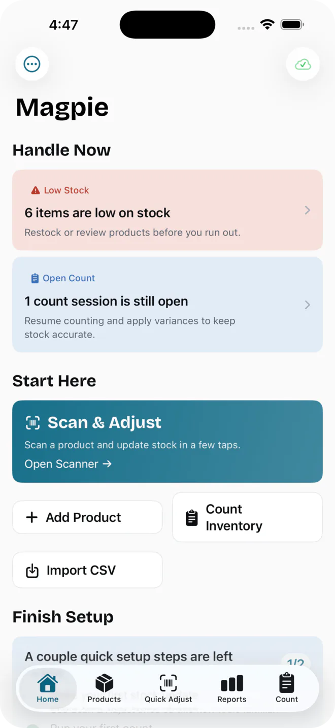 Magpie home screen showing low-stock and open-count alerts with quick actions