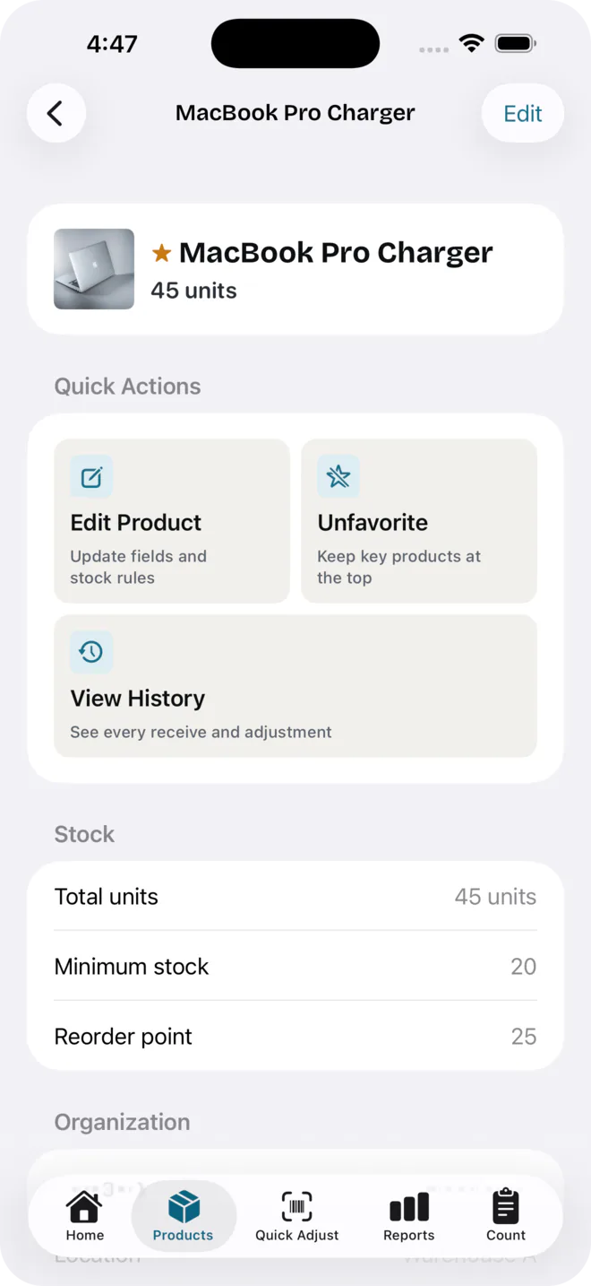 Magpie product detail screen showing quick actions and stock levels